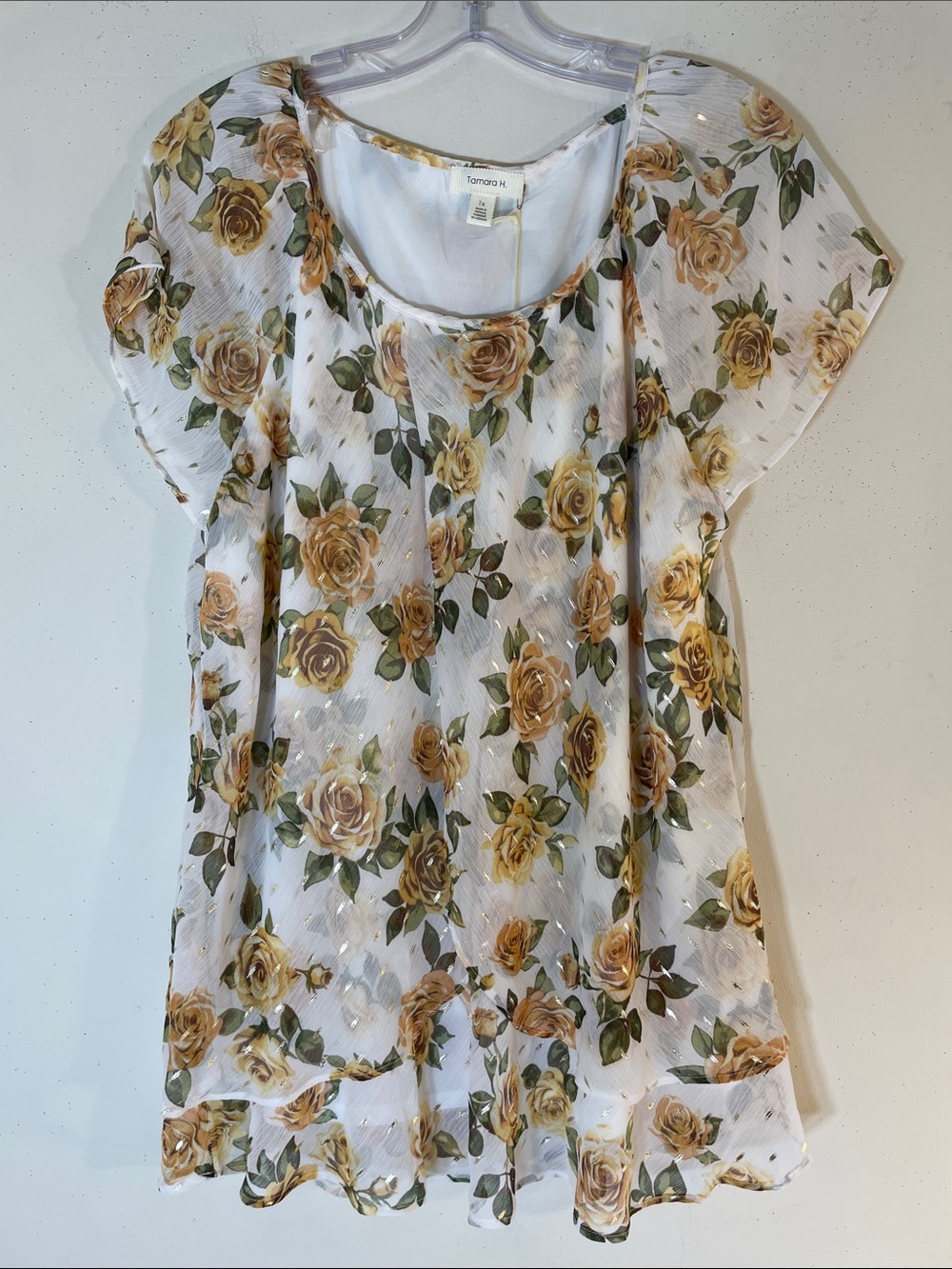 Tamara H Glitter Rose Print Chiffon Flutter Short Sleeve Blouse. 1X. NWT.